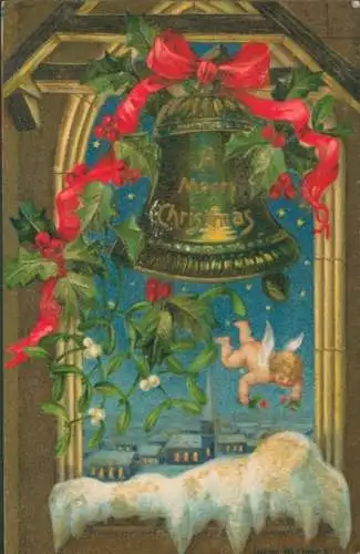 Präge Litho Glückwunsch Weihnachten, Glocke, Engel, Misteln, Stechpalmenzweige