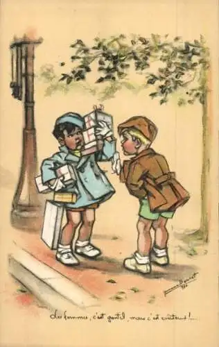 Künstler Ak Bouret, Germaine, Mädchen mit Paketen voller Einkäufe, Junge