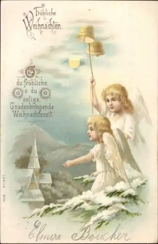 Litho Glückwunsch Weihnachten, Engel läuten Glocken