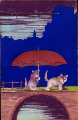 Ak Zwei Katzen auf der Brücke, Regenschirm