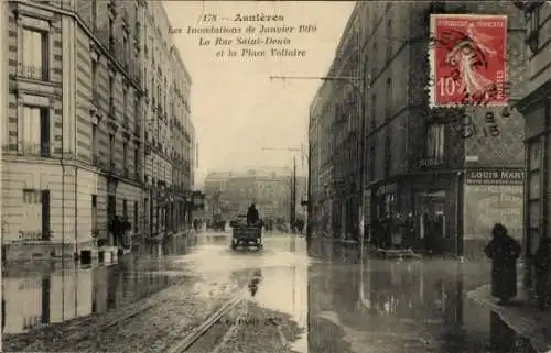 Ak Asnières sur Seine Hauts-de-Seine, Rue Saint Denis, Place Voltaire, Hochwasser Januar 1910