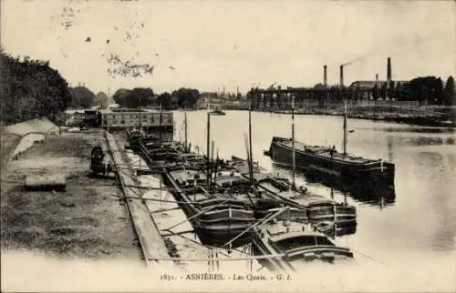 Ak Asnières sur Seine Hauts-de-Seine, Quai, Schiffe, Schornsteine