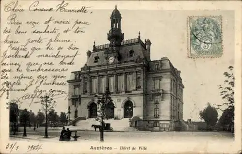 Ak Asnières sur Seine Hauts-de-Seine, Rathaus, Turmuhr