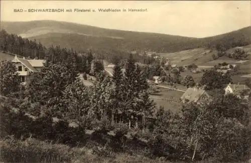 Ak Czerniawa Zdrój Bad Schwarzbach Isergebirge Schlesien, Teilansicht mit Försterei, Waldfrieden