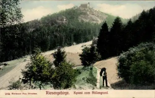 Ak Sobieszów Hermsdorf Kynast Jelenia Góra Hirschberg im Riesengebirge, Burg Kynast vom Höllengrund