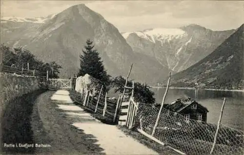 Ak Esefjord Balholm Sogn Norwegen, Straßenpartie, Haus am Wasser