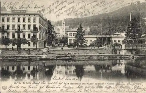 Ak Bad Ems an der Lahn, Badehaus mit Kaiser Wilhelm Kirche