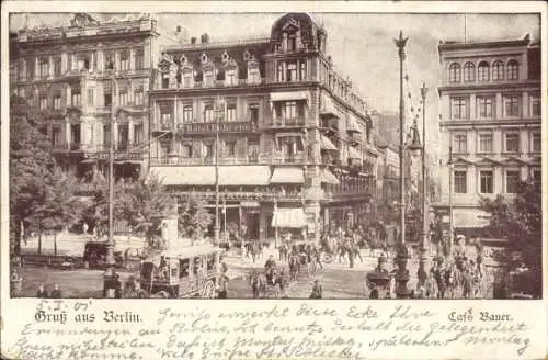 Ak Berlin Mitte, Unter den Linden, Friedrichstraße, Café Bauer, Geschäfte, Verkehr, Hotel Behrens