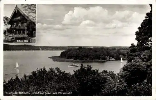 Ak Berlin Zehlendorf Wannsee, Blockhaus Nikolskoe, Blick auf Havel und Pfaueninsel