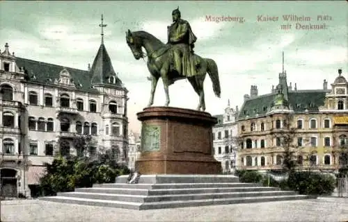 Ak Magdeburg an der Elbe, Kaiser Wilhelm Platz mit Denkmal