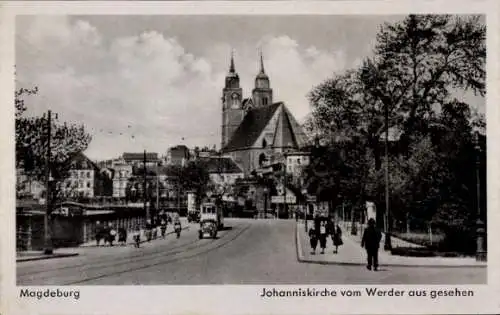 Ak Magdeburg an der Elbe, Johanniskirche vom Werder aus gesehen