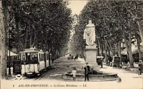 Ak Aix en Provence Bouches du Rhône, Le Cours Mirabeau, Brunnen, Straßenbahn