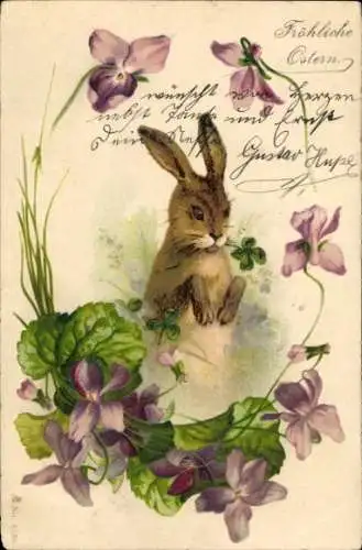 Litho Glückwunsch Ostern, Osterhase, Glücksklee, Blumen