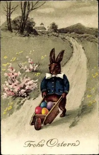 Ak Glückwunsch Ostern, Osterhase, Ostereier, Schubkarre
