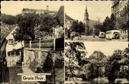 Ak Greiz im Vogtland Thüringen, August-Bebel-Straße, Friedensbrücke, oberes Schloss