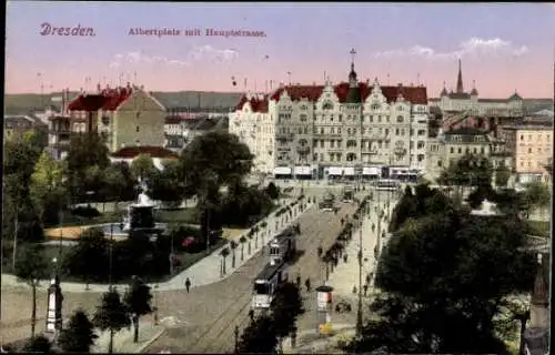 Ak Dresden Neustadt, Albertplatz mit Hauptstraße, Straßenbahnen