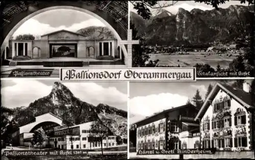 Ak Oberammergau in Oberbayern, Hänsl und Gretl Kinderheim, Passionstheater, Totalansicht