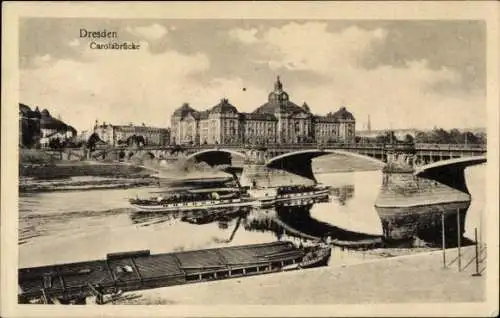 Ak Dresden, Carolabrücke, Schiff, Finanzministerium