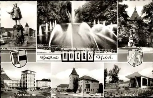 Wappen Ak Moers am Niederrhein, Königlicher Hof, Wasserspiele, Hallenbad, Schloss, Rathaus
