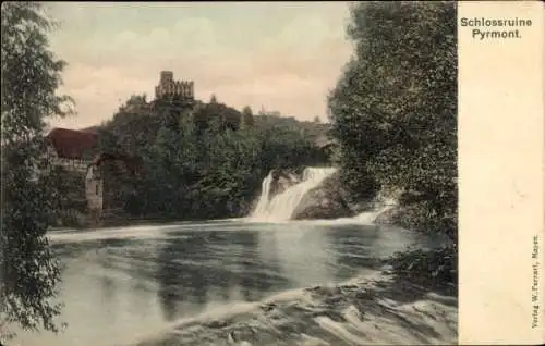 Ak Roes in der Eifel, Burg Pyrmont, Schlossruine, Wasserfall