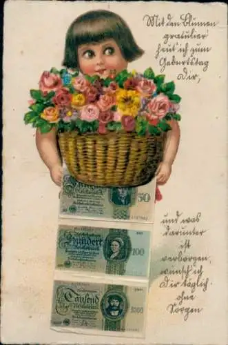 Leporello Ak Glückwunsch Geburtstag, Kind, Blumenkorb, Geldscheine, Reichsmark