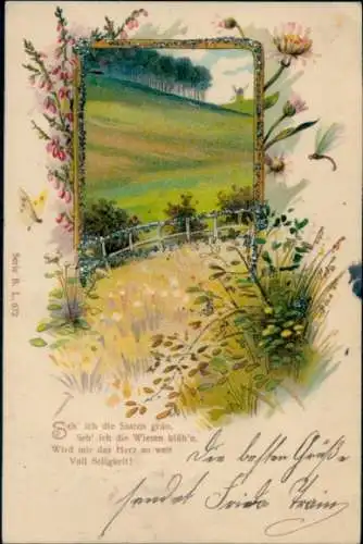 Glitzer Litho Blumen, Wiese, Seh' ich die Saaten grün...