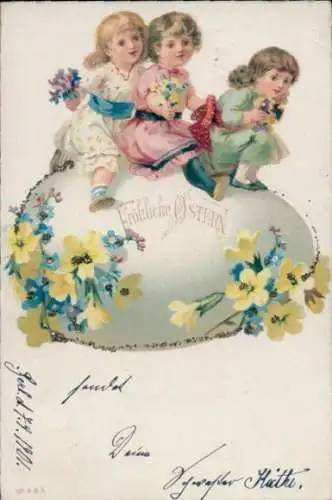 Litho Glückwunsch Ostern, Kinder, Blumen, Osterei