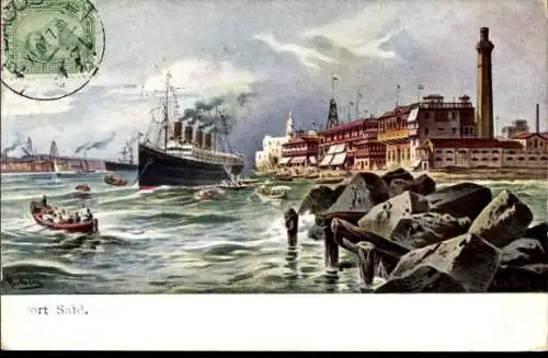 Künstler Ak Perlberg, F., Port Said Ägypten, Dampfschiff und Ruderboote vor der Stadt