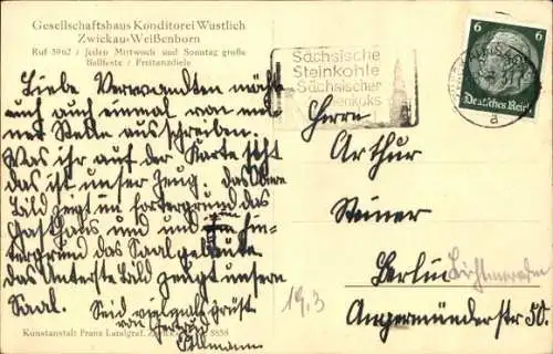 Ak Weißenborn Zwickau in Sachsen, Gesellschaftshaus Konditorei Wustlich, Saal