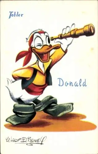 Künstler Ak Walt Disney, Comic, Donald Duck als Pirat, Reklame, Tobler Schokolade