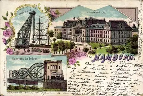 Litho Hamburg, Riesenkran im Hafen, Justizgebäude, Eisenbahn Elb Brücke