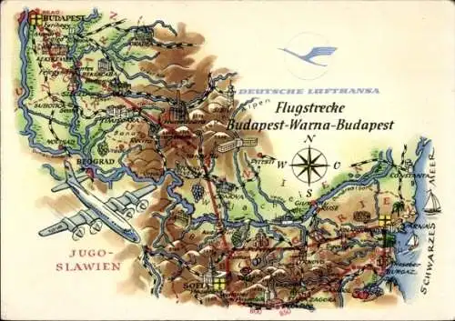 Landkarten Ak Deutsche Lufthansa, Flugstrecke Budapest-Warna, Ungarn, Bulgarien