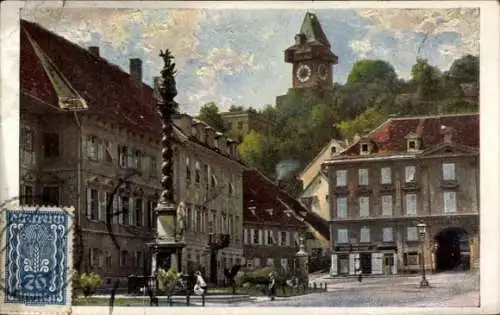 Künstler Ak Graz Steiermark, Karmeliterplatz, Denkmal, Kirche