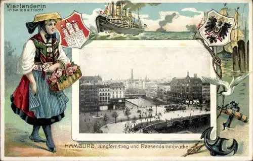 Präge Passepartout Ak Hamburg, Jungfernstieg, Reesendammbrücke, Vierländerin in Tracht, Wappen