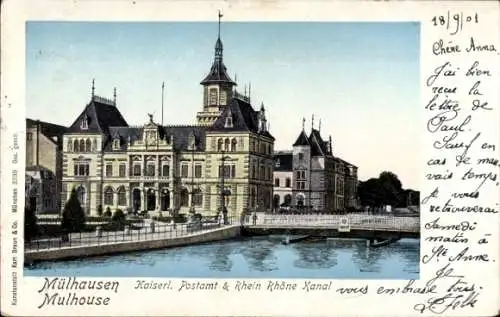 Leuchtfenster Ak Mülhausen Haut Rhin, Kaiserl. Postamt und Rhein Rhône Kanal