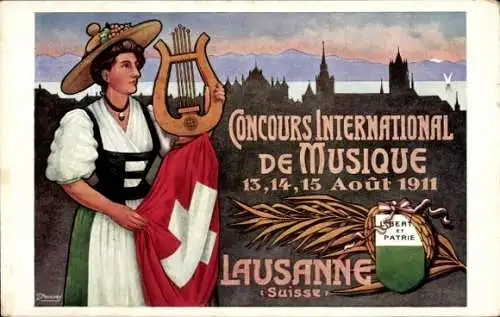 Künstler Ak Lausanne Kt. Waadt Schweiz, Frau in Tracht, Harfe, Internationaler Musik-Wettbewerb 1911