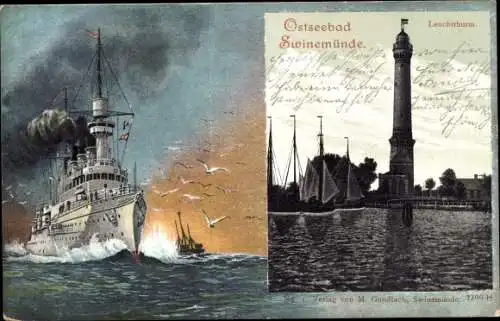 Ak Świnoujście Swinemünde Pommern, Leuchtturm, Deutsches Kriegsschiff, Kaiserliche Marine