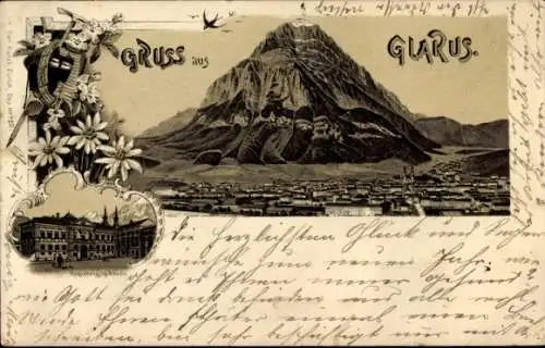 Litho Glarus Stadt Schweiz, Gesamtansicht, Regierungsgebäude