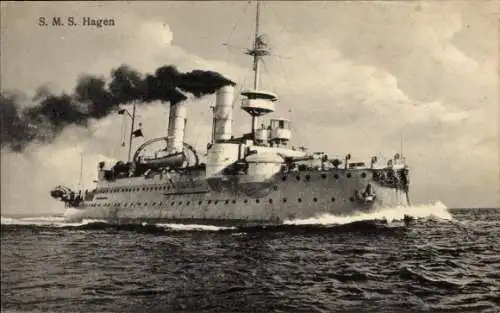 Ak SMS Hagen, Deutsches Kriegsschiff, Ansicht Bug Steuerbord, Kaiserliche Marine