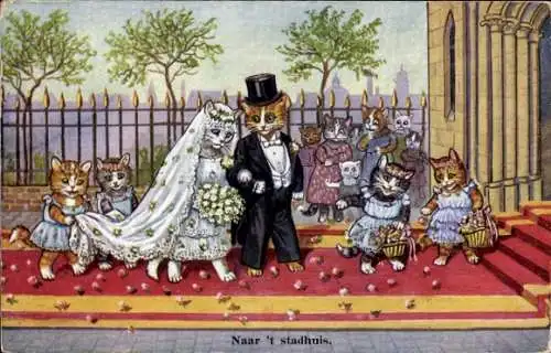 Ak Vermschlichte Katzen, Hochzeit, brautpaar