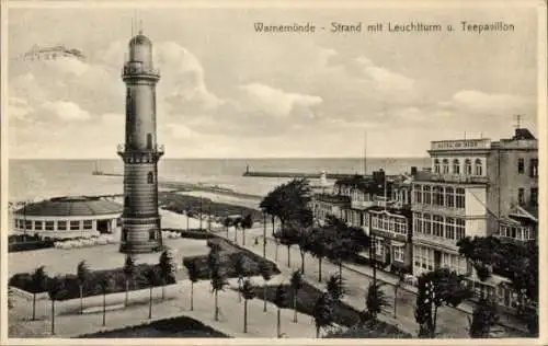 Ak Ostseebad Warnemünde Rostock, Strand mit Leuchtturm und Teepavillon