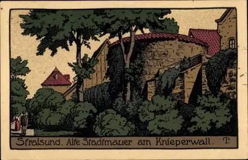 Steindruck Ak Stralsund in Mecklenburg Vorpommern, Alte Stadtmauer am Knieperwall