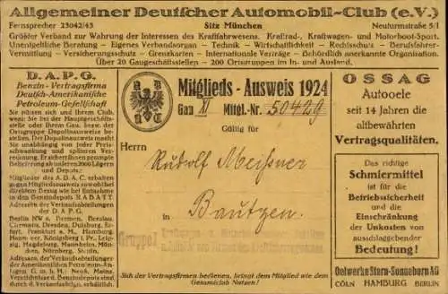 Ak Allgemeiner Deutscher Automobil Club ADAC, Mitglieds-Ausweis 1924