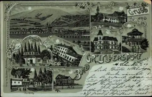 Mondschein Litho Velké Losiny Bad Groß Ullersdorf Region Olmütz, Fuggerhaus, Schloss, Villen