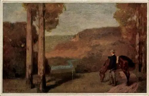 Künstler Ak Müller, Mann mit Pferd, Bäume, Fluss, Herbst