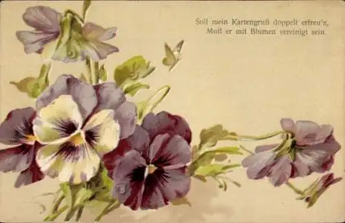 Litho Blumen, Stiefmütterchen, Soll mein Kartengruß doppelt erfreuen...