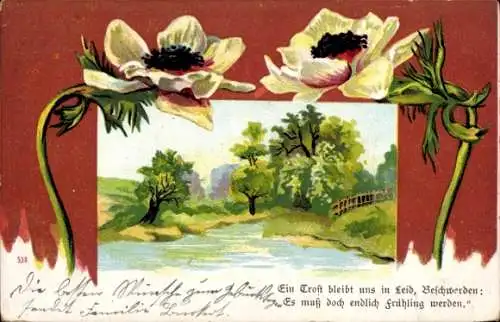 Litho Blühende Blumen, Teich, Bäume, Ein Trost bleibt uns in Leid...