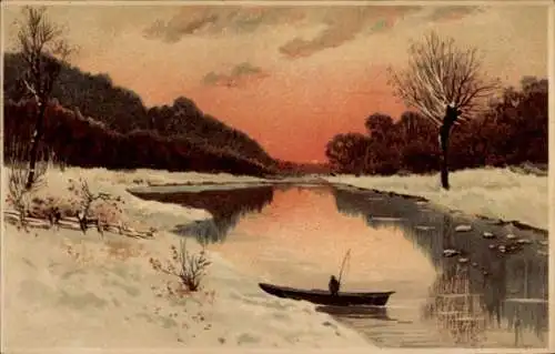 Ak Mann im Ruderboot beim Angeln, Fluss, Winter, Schnee