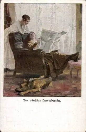 Künstler Ak Wennerberg, Bruno, Günstiger Heeresbericht, Zwei Frauen, Zeitung, Hund