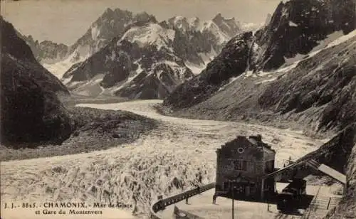 Ak Chamonix Mont Blanc Haute Savoie, Mer de Glace, Gare du Montenvers